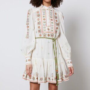 Alemais off-White Embroidered Mini Dress with Green Belt